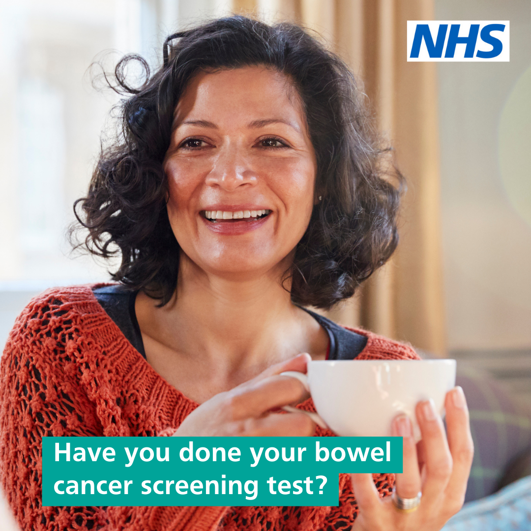 A lady holding a white mug with the caption "Have you done your bowel cancer screening test?" written underneath. The NHS logo is in the top right-hand corner